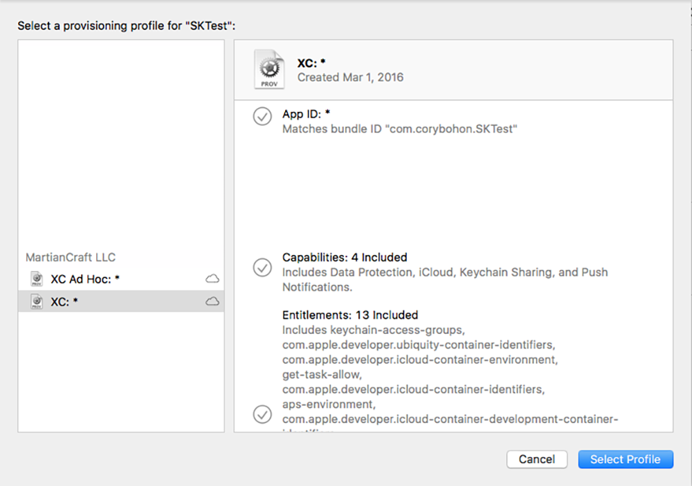 Xcode 9 profile selector