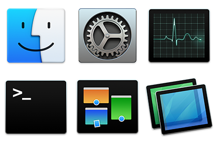 Square Icons: Finder, System Preferences, Activity Monitor, Terminal, Mission Control, Screen Sharing