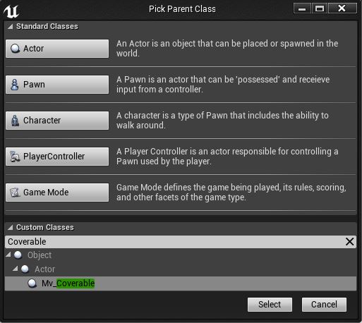 screenshot of new blueprint dialog targeting base class