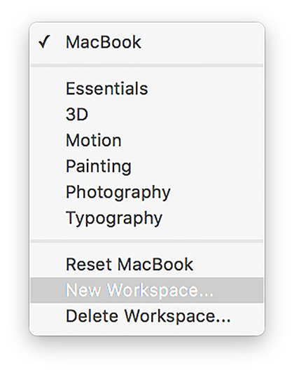 The workspaces menu in Photoshop