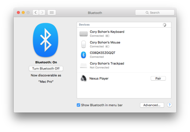 Screenshot of Bluetooth Preferences