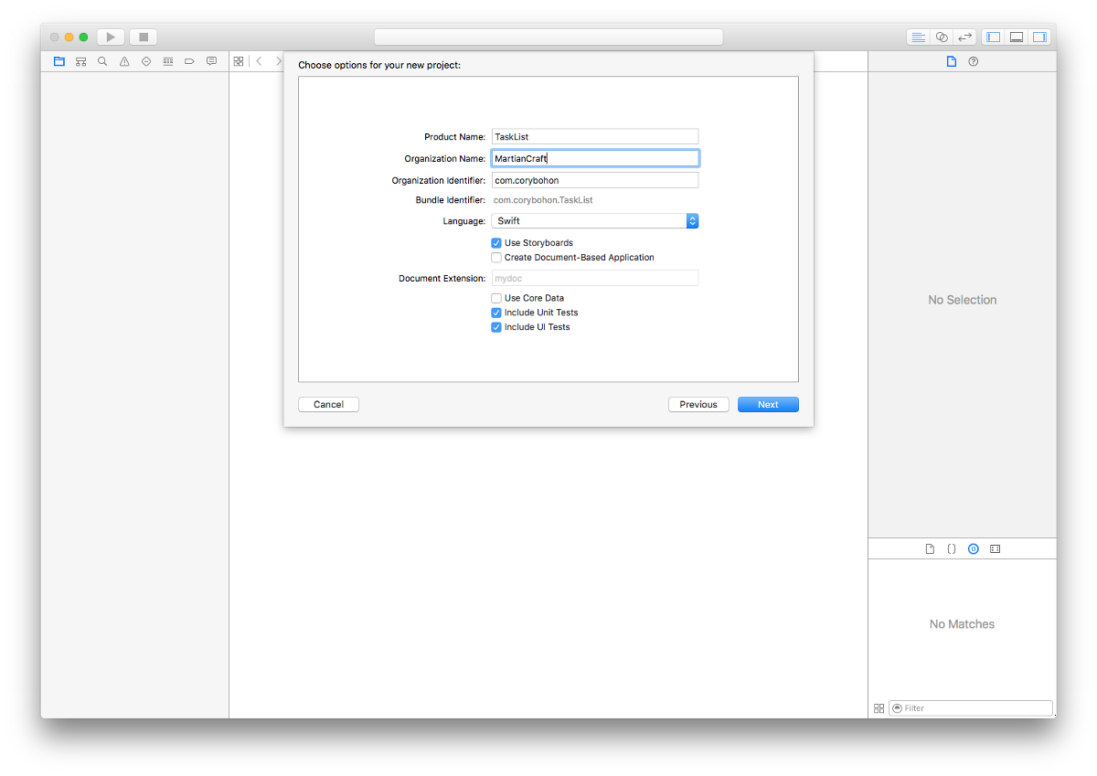 Creating a new Mac app in Xcode using the Cocoa application project type.