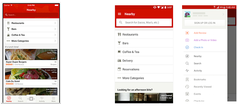 Screenshot of yelp ios and android app