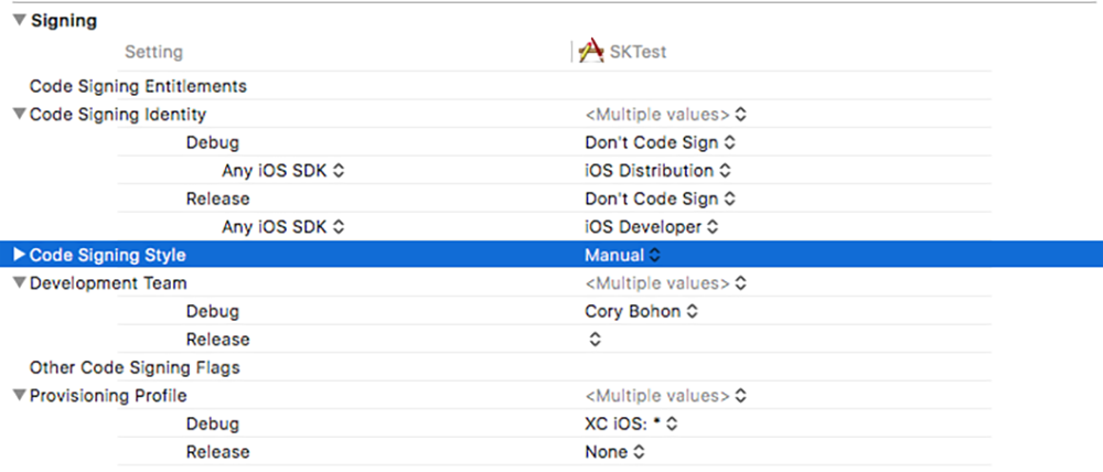 Code Signing drop down menu