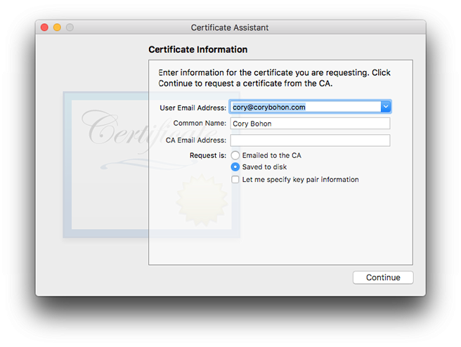 Creating a signing request in Keychain Access.