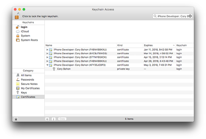 Keychain Access showing the public/private key pair for the signing certificate.