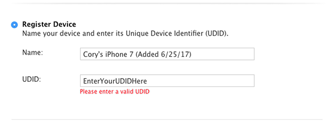 Registering a new device in the portal with the device UDID.