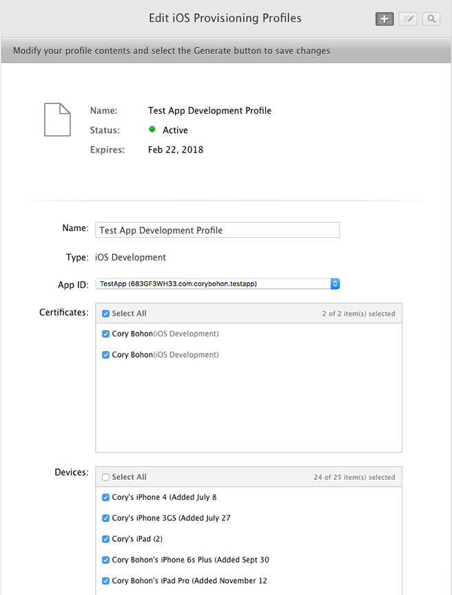 Creating the provisioning profile in the developer portal.