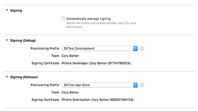 Selecting the provisioning profile and certificate in Xcode.