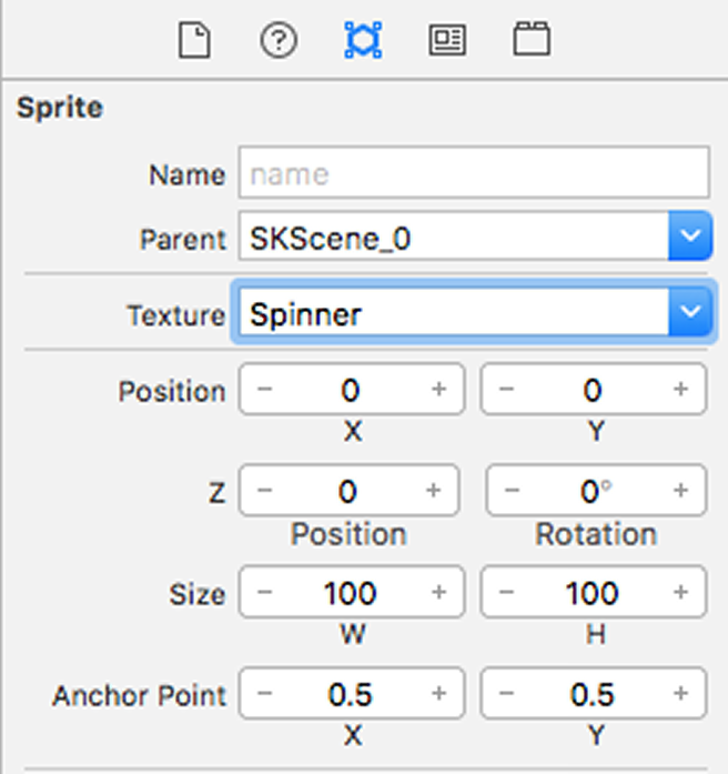 Setting the spinner image in the SpriteKit editor Attributes Inspector