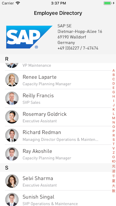 screenshot of the corporate directory app