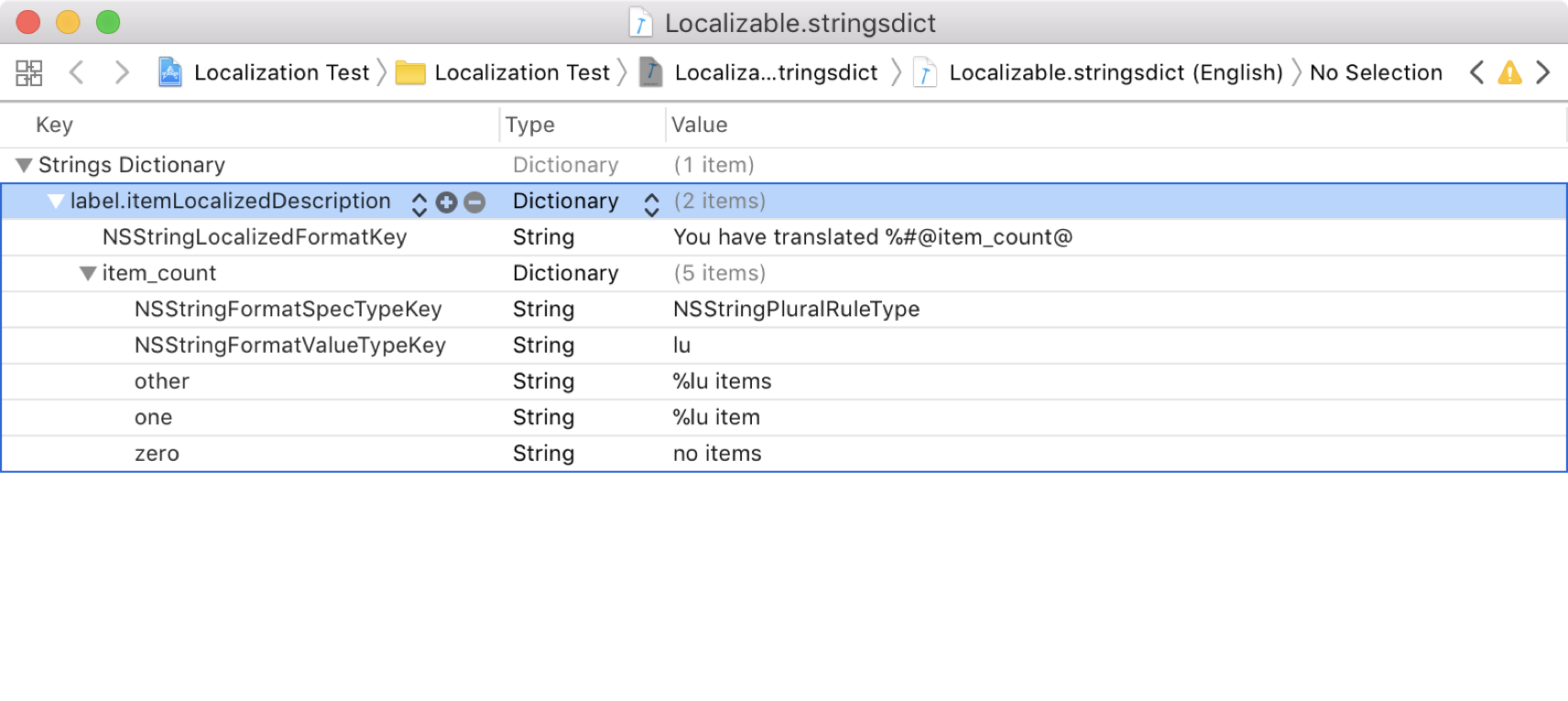 Pluralized stringsdict entry for an English localization.