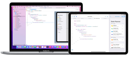 Swift Playgrounds 4 running on macOS and iPadOS, sharing the same codebase for the same app. Apps built with Swift Playgrounds 4 on iPadOS can be run and delivered to the App Store for publication.