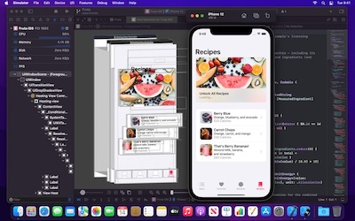 Xcode 13.0 running SwiftUI code with the visual inspector opened for debugging.