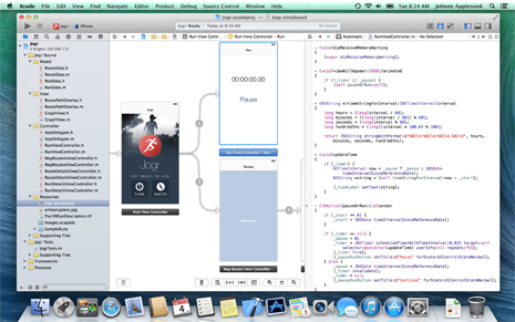 Xcode 5 showing the dual-pane storyboard editor.