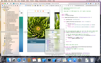 Xcode 6 showing the AutoLayout constraints editor in a storyboard.